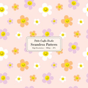 May include: Seamless pattern featuring smiling flowers in white, peach, and lavender on a light pink background. The flowers have yellow smiley faces. The text "Petite Crafts Studio Seamless Pattern" is in the center.