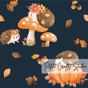 Hérisson mignon modèle sans couture pour les petites entreprises champignons et citrouilles automne feuilles modèle sans couture automne téléchargement numérique