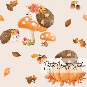 Hérisson mignon modèle sans couture pour les petites entreprises champignons et citrouilles automne feuilles modèle sans couture automne téléchargement numérique