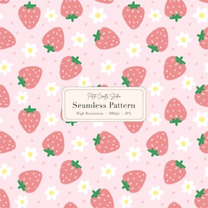 May include: A seamless pattern featuring hand-drawn strawberries and white daisies on a light pink background. The strawberries are red with green stems and seeds. The pattern includes the text "Petite Crafts Studio Seamless Pattern".