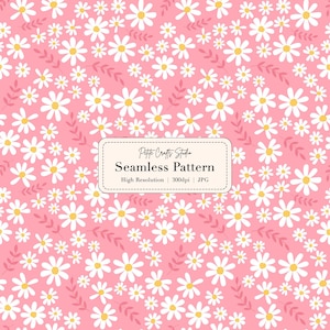 Pink Daisy Garden Seamless Pattern – Cute Floral Digital Paper, Pastel Flower Background, Spring Fabric Print, Cottagecore Pattern Design
