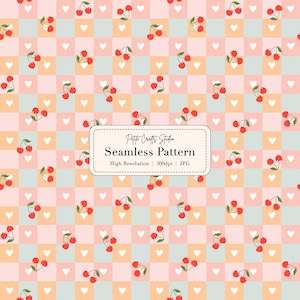 Op de afbeelding: Een naadloos patroon met rode kersen en groene stelen op een geruite achtergrond van roze, perzik en lichtblauwe vierkanten, afgewisseld met witte hartjes. De tekst "Petite Crafts Studio Seamless Pattern" wordt weergegeven.