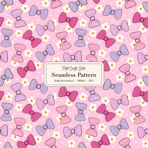 Pink Bow Seamless Pattern with Flowers – Cute Girly Digital Paper, Kawaii Repeat Print, Scrapbooking, Fabric Design