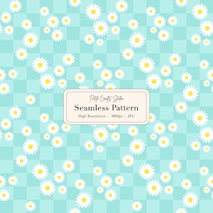 Blue Gingham Daisy Seamless Pattern – Cute Cottagecore Digital Paper, Rustic Check Floral Background, Spring Fabric & Scrapbooking Design