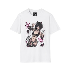 Goth Catgirl Illustration T-Shirt | Punk Grunge Anime Cat Ear Girl Shirt