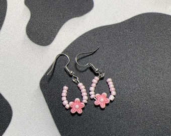 Pink Flower Earrings/Dangle/Drop/Cute/Handmade Earrings/Beaded Earrings/Perfect Gift/Gift For Her/Party Bag Favour/Letterbox Gift