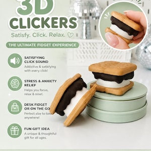 Puede incluir: Imagen promocional de 3D Clickers, un juguete fidget. La imagen presenta un primer plano de un clicker con forma de sándwich con capas marrones, blancas y marrón oscuro. El texto en la imagen incluye "3D Clickers" y "Satisfy. Click. Relax."