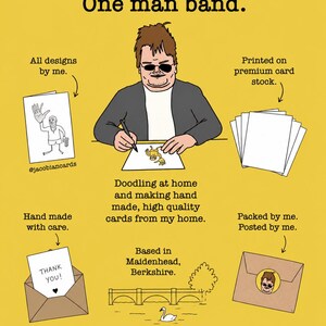 The image is a cartoon depicting a man creating handmade cards, with text highlighting the handmade nature of the cards and the personal touch they have.