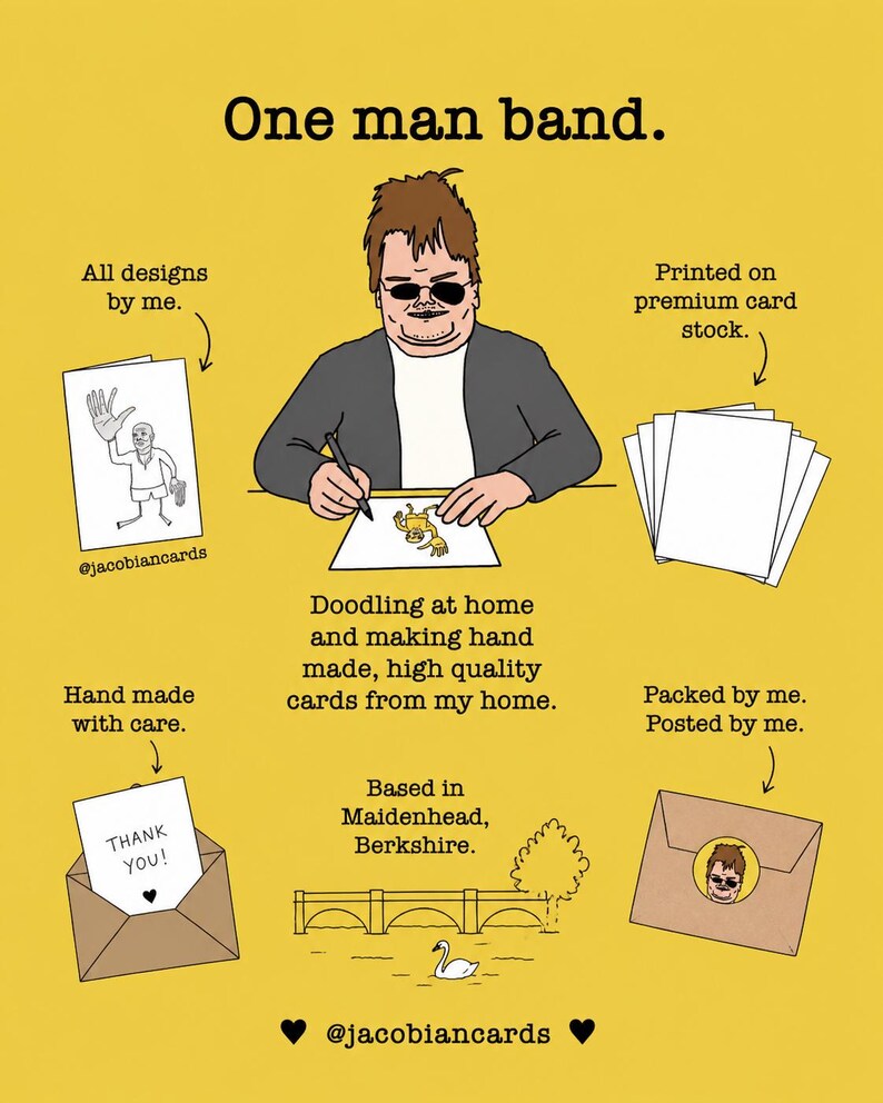 The image is a cartoon depicting a man creating handmade cards, with text highlighting the handmade nature of the cards and the personal touch they have.