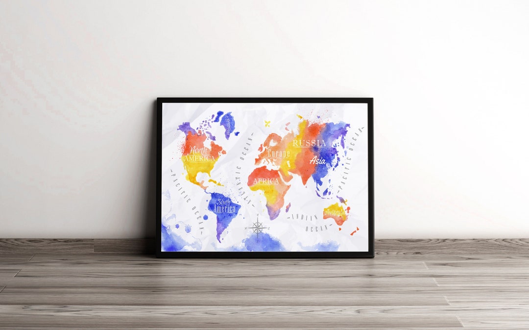 Colorful Watercolor World Map Rainbow World Map Wall Art World - Etsy