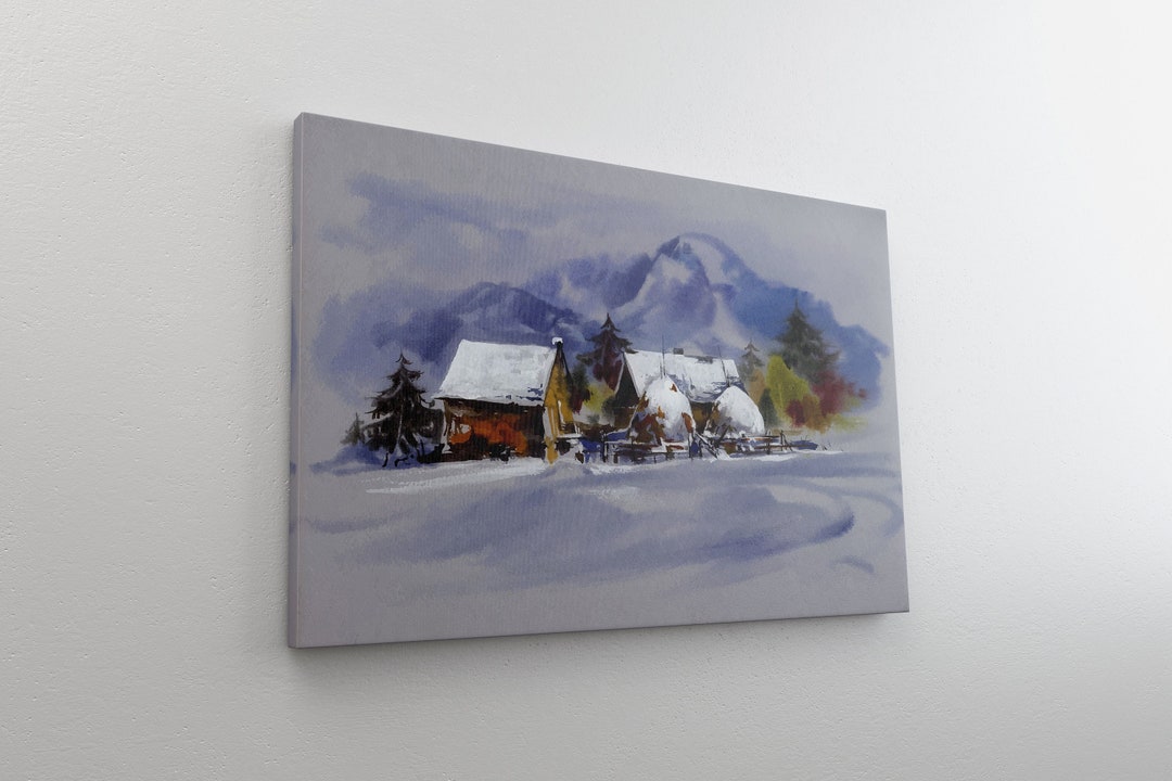 Winter Country Landscape / Vintage Snowy Cabin Painting Canvas / Winter