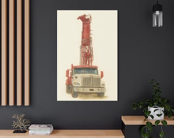 Impresión en lienzo de plataforma de perforación de pozos de agua, acuarela, camión perforador, arte de pared, campo petrolífero/perforador, regalo, decoración de equipo pesado