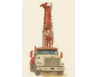 Water Well Drilling Rig Poster Drill Truck Watercolor Wall Art Heavy Equipment Decor  Blue Collar Office / Shop Print  Driller Gift