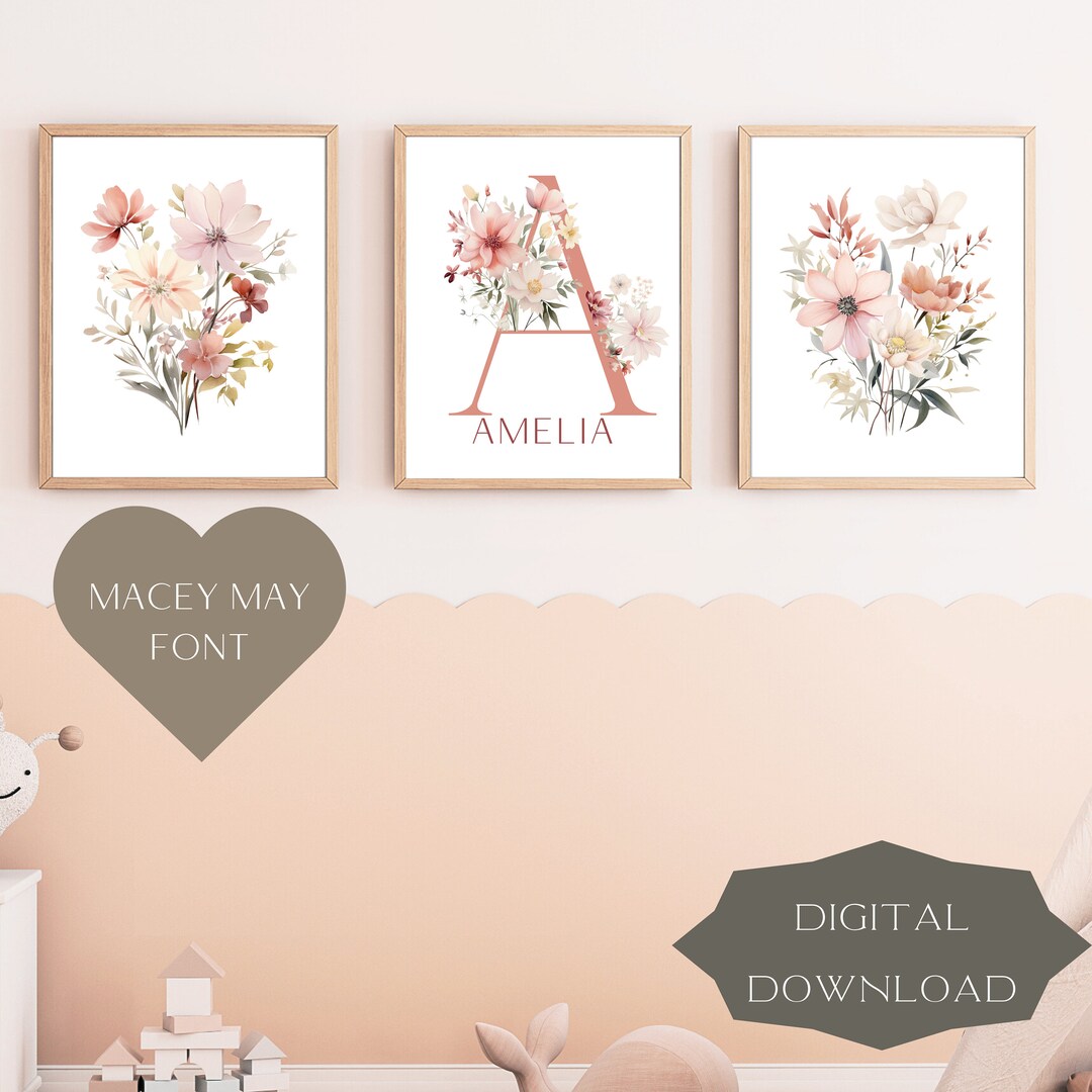 Wildflower Custom Name Nursery Digital Print Set Above Crib Wall Art ...