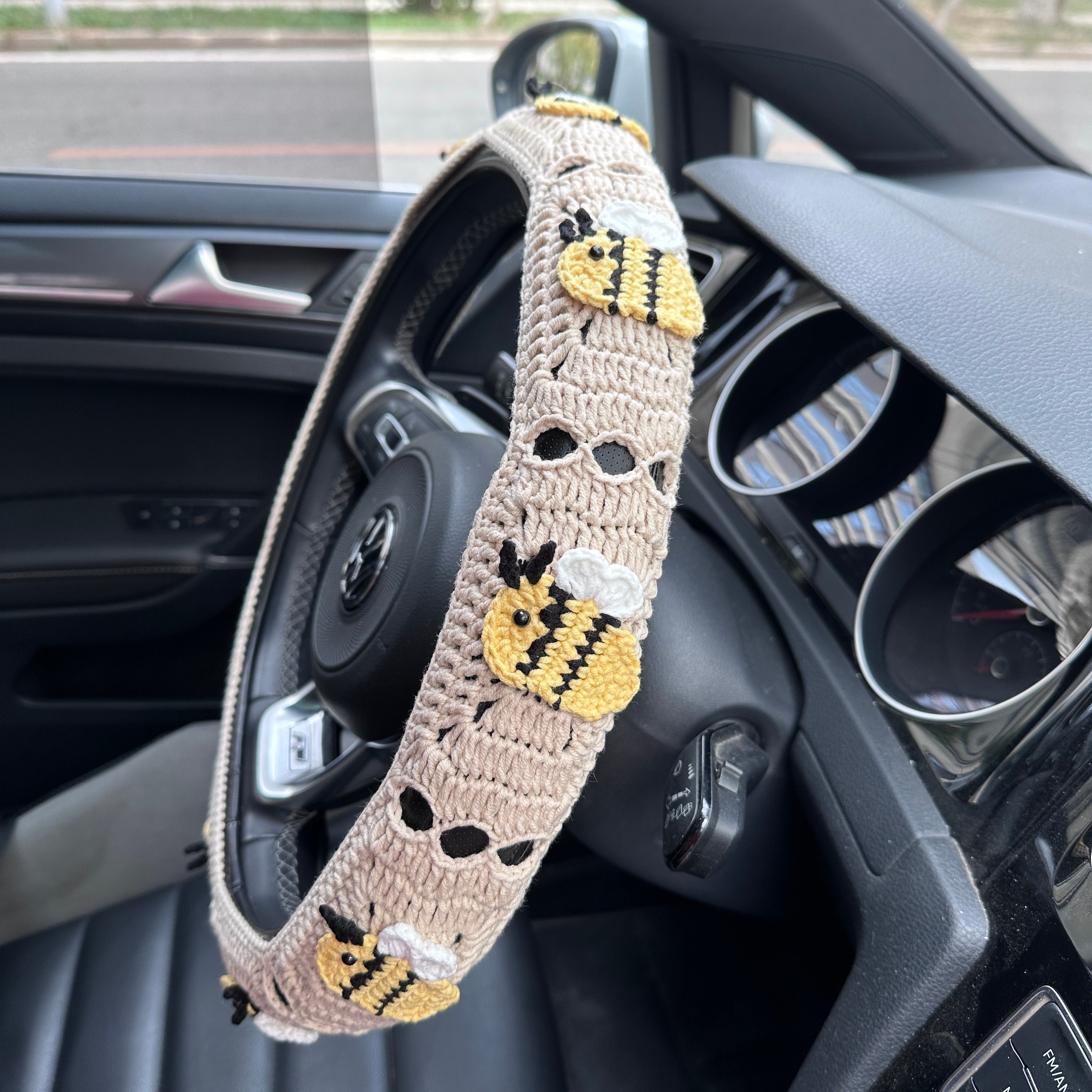 Handmade Crochet Sun and Moon Car Steering Wheel Covers Universal 14-15  inch for Women and Men (Steering Wheel Cover)