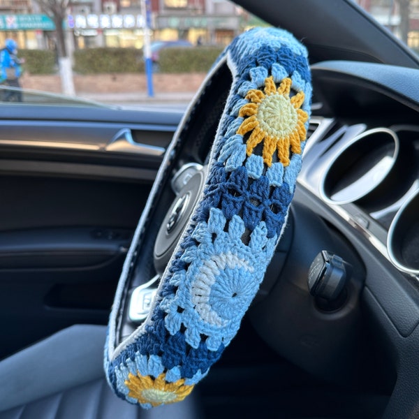 Sun Moon handmade car steering wheel cover, Car decoration, Blue Sun Moon seat belt cover, New car gift, Crochet car accessories, Gift