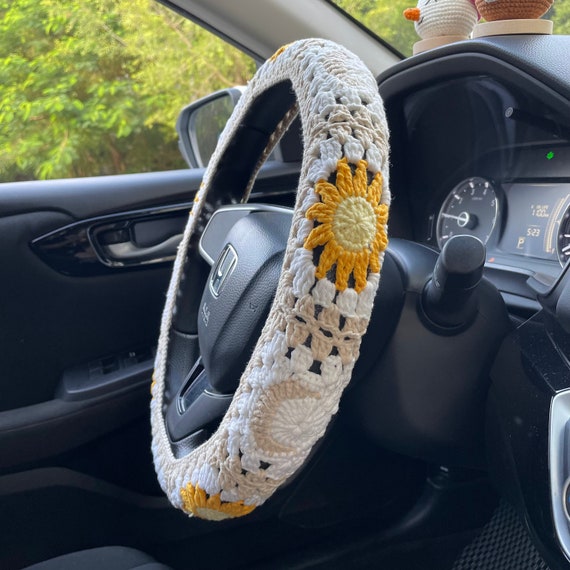 Sun Moon Crochet Car Steering Wheel Cover, Sun Moon Safety Steering Wheel, Gift for Her, Car Accessories, Christmas,Valentine's Day Gifts