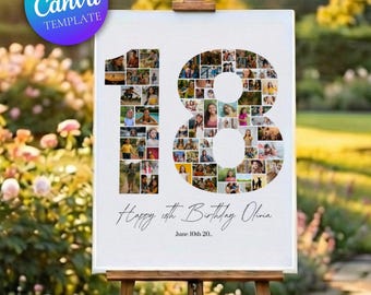 Fotocollageposter 18e verjaardag: bewerkbare sjabloon Canva nummer 18 (digitale download)