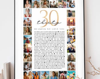 Póster "30 razones por las que te queremos" para regalar: Plantilla editable de Canva para 30 cumpleaños (descarga digital)