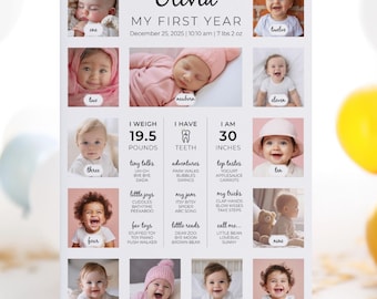 1st Birthday Photo Collage Poster, Baby’s First Year Milestone Board, Editable Canva Template