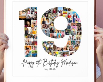 19 Geburtstag Foto Collage Zeichen: DIY Geschenk, Party Dekoration (Canva Vorlage, digitaler Download)