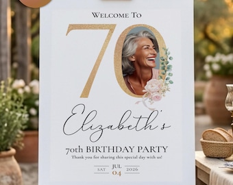 70th Birthday Photo Welcome Sign For Women, Digital Download Party Banner For Her/Him Editable & Printable Poster Canva