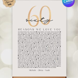 60 Reasons We Love You Poster, 60th Birthday or Anniversary Photo Collage Gift, Editable Canva Template