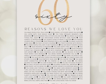 Poster 60 redenen waarom we van je houden, 60e verjaardag of jubileum fotocollagecadeau, bewerkbare canvassjabloon