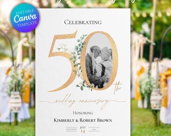 Welkomstbord 50e huwelijksverjaardag: elegant eucalyptusontwerp bewerkbare canvassjabloon (digitale download)