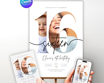 16th Birthday Party Invitation, Sweet 16 Photo Collage Invitation, Editable Canva Mobile Evite