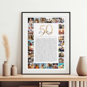 Plakat „50 powodów, dla których Cię kochamy” ze zdjęciami: kolaż zdjęć z okazji 50. urodzin (do pobrania cyfrowego)