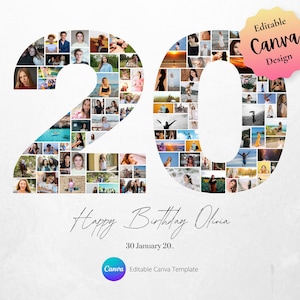 20th Birthday Photo Collage Canva Template,Birthday Number 18 Printable, Last Minutes Gift, 20th Custom birthday gift, Digital Download