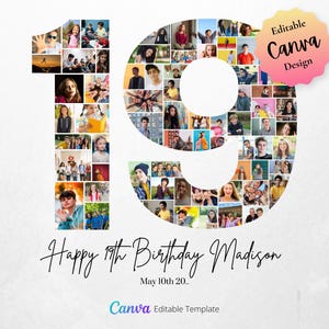 Pôster de aniversário de 19 anos, colagem de fotos, modelo Canva, aniversário de 19 anos na adolescência, presente de 19 anos para ela e ele, presente de aniversário, download digital instantâneo