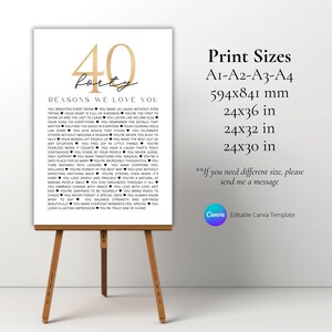 40 Reasons We Love You Birthday Anniversary Poster: 40th Birthday Canva Template (Digital Download)