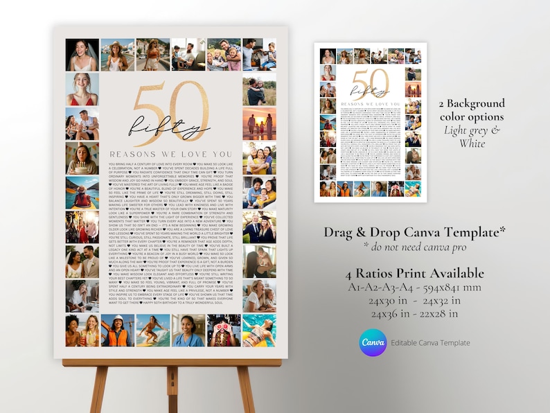 50 Reasons We Love You Photo Collage Poster Canva Template, 50 Things We Love You, 50th Birthday Gifts for Her, Last Minutes Digital Gift