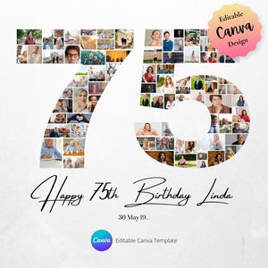 Plantilla de collage de fotos de Canva para regalo de 75 cumpleaños, regalo de último minuto, regalo de 75 años para ella, fiesta de cumpleaños de la edad de oro, descarga digital instantánea
