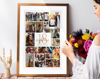 Könnte beinhalten: Ein gerahmtes Fotocollage mit einem Holzrahmen. Die Collage zeigt mehrere Fotos von Personen, mit den Worten "18 eighteen Olivia Davies" in der Mitte. Die Fotos sind in verschiedenen Größen und Ausrichtungen.