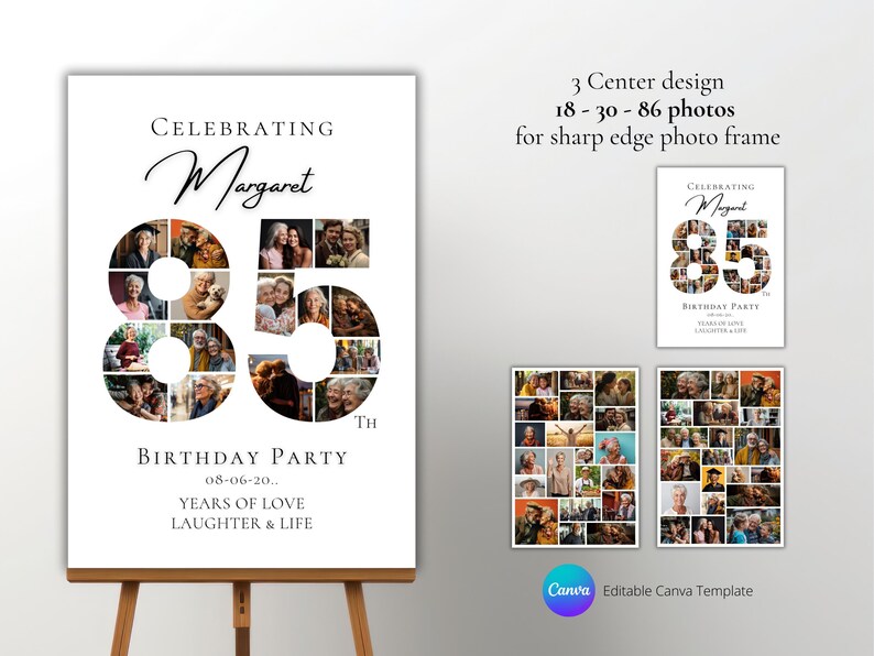 85th Birthday Party Welcome Sign Set Photo Collage: Editable Canva ...
