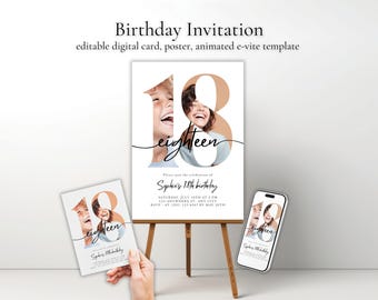 Plantilla de invitación para fiesta de 18 cumpleaños: Collage de fotos, móvil, A4 (Descarga digital)