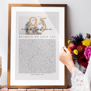 May include: A framed print with a wooden frame. The print features the number "85" in gold glitter, with the words "eighty five" in cursive. Below the number is the text "REASONS WE LOVE YOU" and a list of reasons.