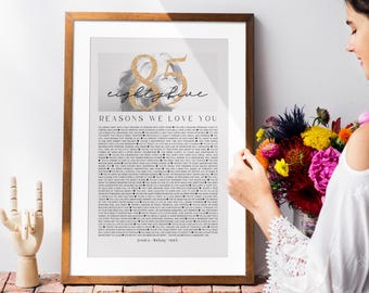 May include: A framed print with a wooden frame. The print features the number "85" in gold glitter, with the words "eighty five" in cursive. Below the number is the text "REASONS WE LOVE YOU" and a list of reasons.