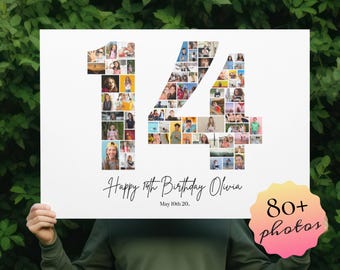 May include: A white poster with a photo collage of 14 made of smaller photos. The text "Happy 14th Birthday Olivia" and "May 10th 20." is printed below the collage. A pink and yellow sticker with the text "80+ photos" is in the lower right corner.