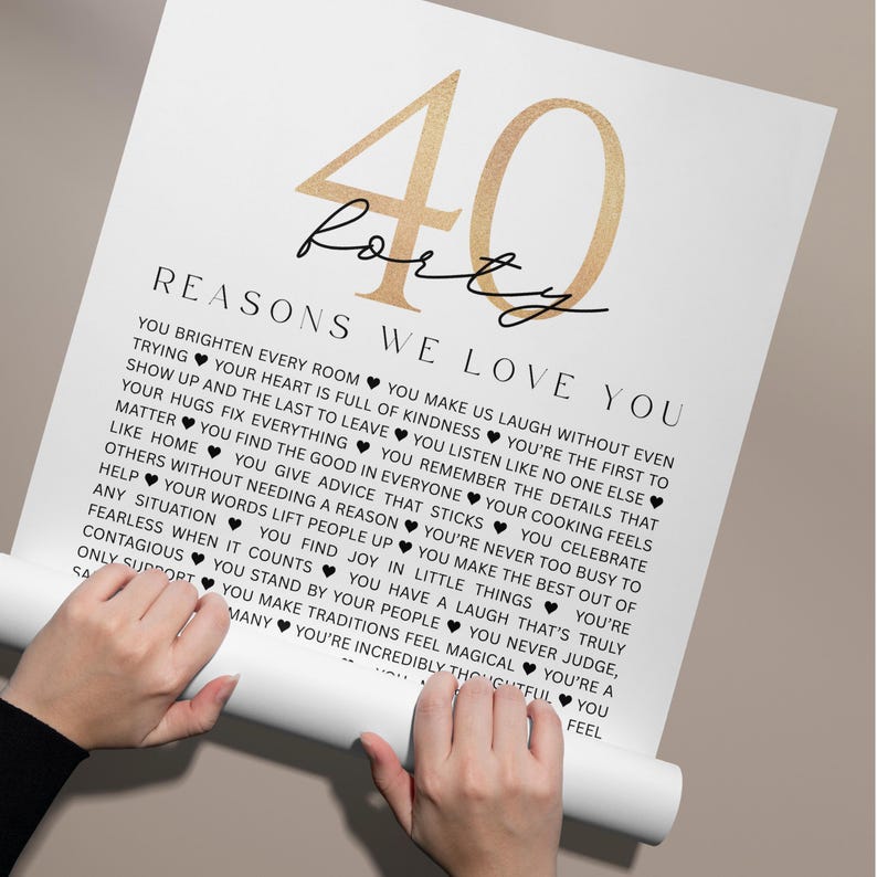 40 Reasons We Love You Birthday and Anniversary Minimalist Poster: 40 Years Keepsake Gift for Couples Parents (Digital Download)