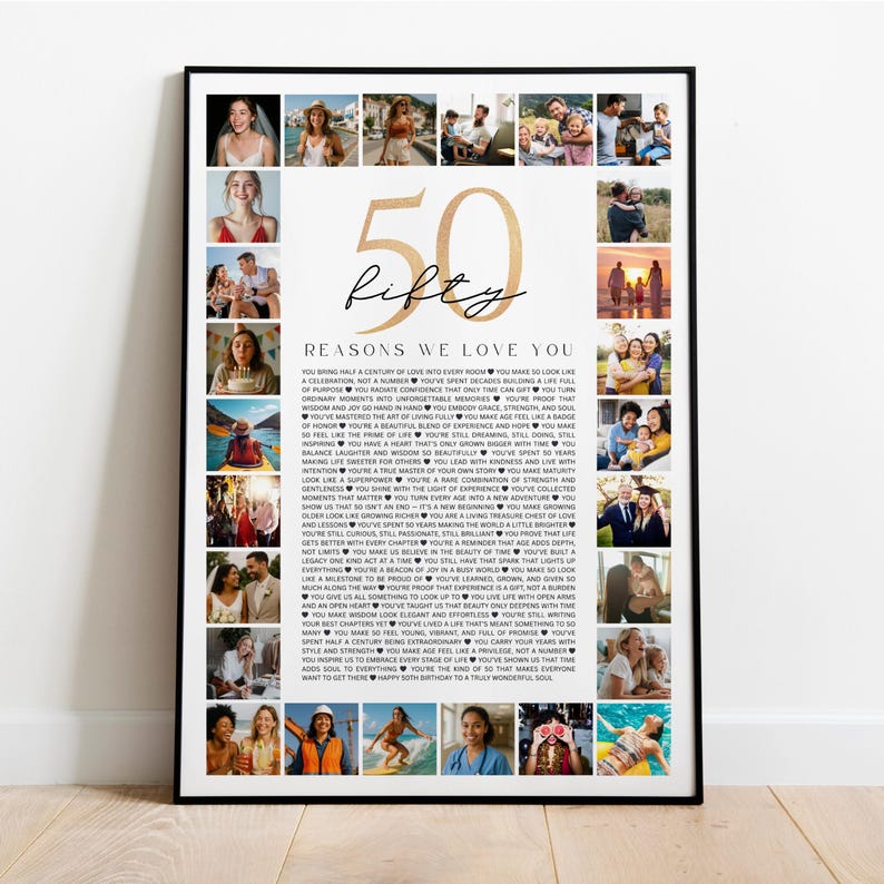 50 Reasons We Love You Poster With Pictures: 50th Birthday Photo Collage (Digital Download)