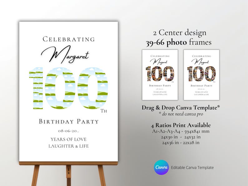 100th Birthday Welcome Sign Photo Collage: Editable Canva Template ...