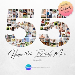 Modello di collage fotografico per il 55° compleanno su Canva, regalo dell'ultimo minuto, regalo per il 55° compleanno per lei, festa di compleanno dell'età dell'oro, download digitale istantaneo