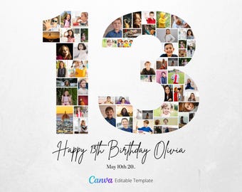 May include: A white background with a collage of photos in the shape of the number 13. The text "Happy 13th Birthday Olivia" is written in black cursive script below the number. The text "May 10th 20." is written in black below the birthday message. The text "Canva Editable Template" is written in a rainbow gradient below the date.