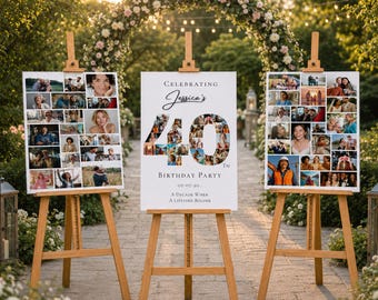 40th Birthday Party Welcome Sign Photo Collage, Black Gold Printable Decor