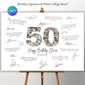 Modèle de toile de panneau de signature de collage de photos du 50e anniversaire, cadeau pour les 50 ans, numéro 50 à imprimer, cadeau pour elle, idée cadeau d&#39;anniversaire