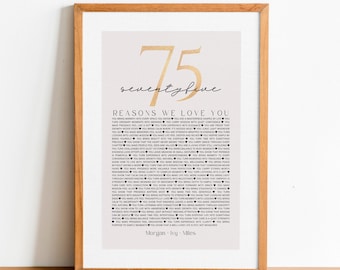 Affiche « 75 raisons pour lesquelles nous t’aimons » : Modèle Canva modifiable pour un 75e anniversaire, un anniversaire de mariage ou une journée spéciale
